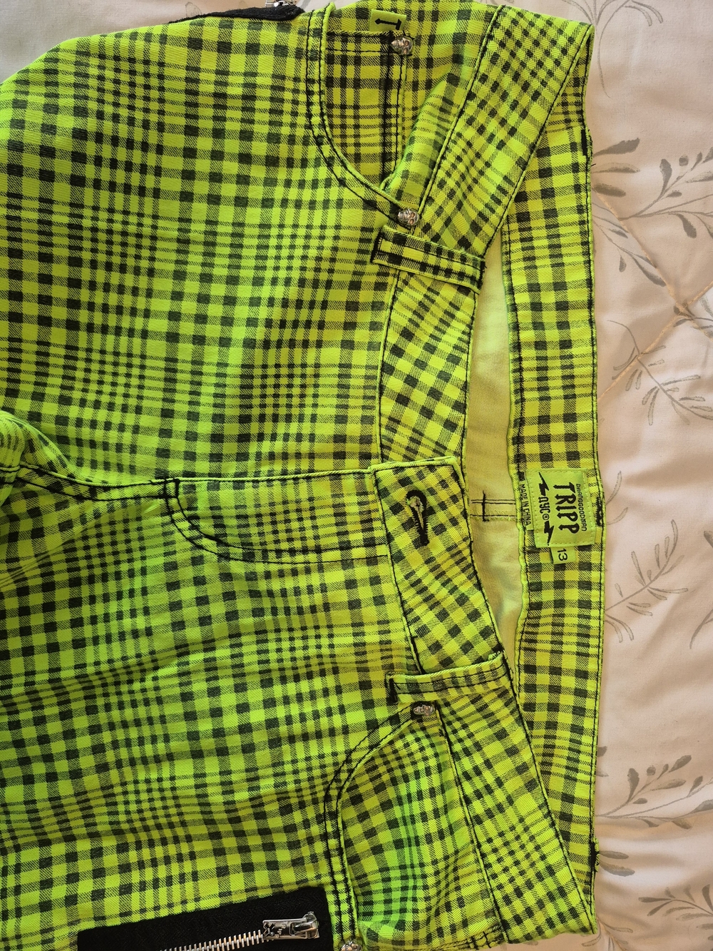 Tripp NYC Neon Lime Green Plaid Skinny Pants Size 13 Y2K Punk Goth